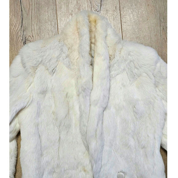 Vtg White Cream Rabbit Fur Coat Cropped Cream Satin Lined Glam Mob Wife Club M - Picture 4 of 16